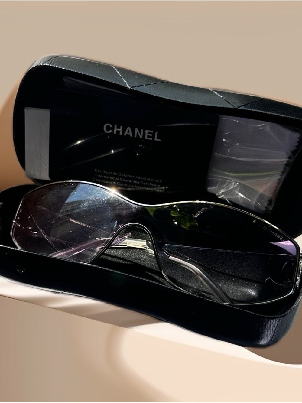 EUC CHANEL Silver Tone Shield Sunglasses with Subtle Purple Tint